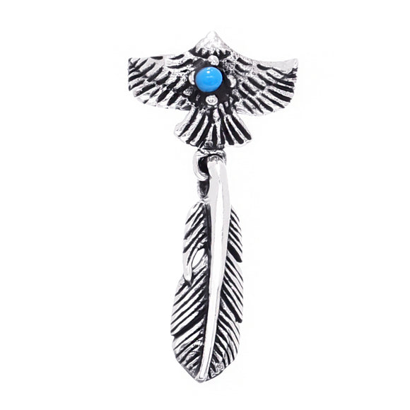 メンズ ピアス ネイティブ アメリカン インディアンジュエリー イーグル (鷲) 羽 ターコイズ ドロップ 揺れる フェザー スタッド 片耳用、フロントイメージ