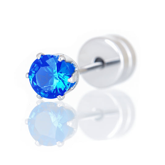 Truelements メンズピアス 王冠デザイン シルバー 片耳用 4mm ブルージルコニア サージカルステンレス 316L 金属アレルギー対応 スタッドピアス(正面)