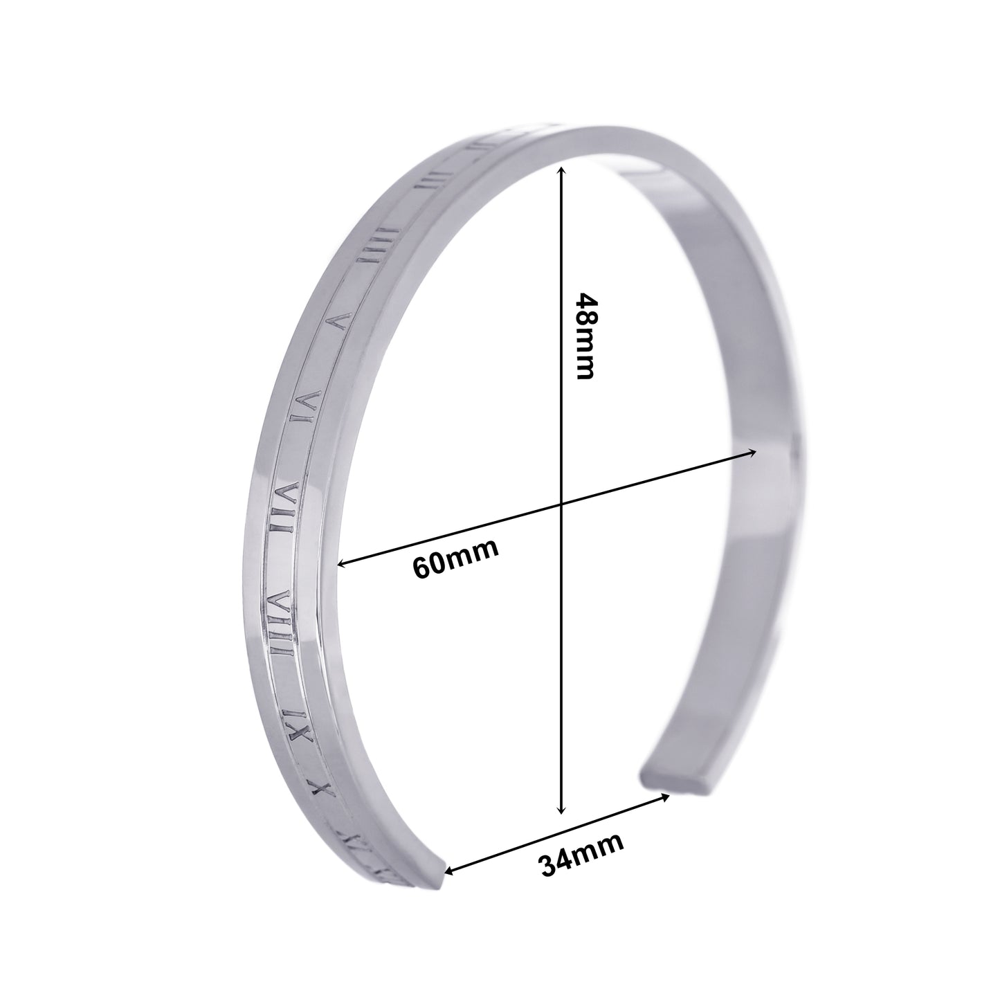 メンズ シルバー バングル シンプル 平打ち 鏡面仕上げ ローマ数字 ジルコニア プレーン 幅6mm ブレスレット サージカル ステンレス 金属 アレルギー 316L、ディテールイメージ