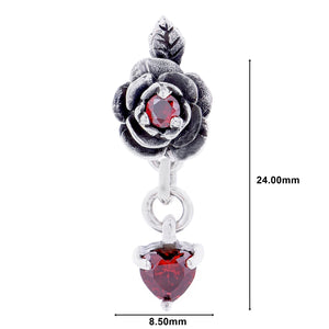 薔薇ピアススタッドシルバー 925ローズドロップハートジルコニア赤片耳用、サイズイメージ