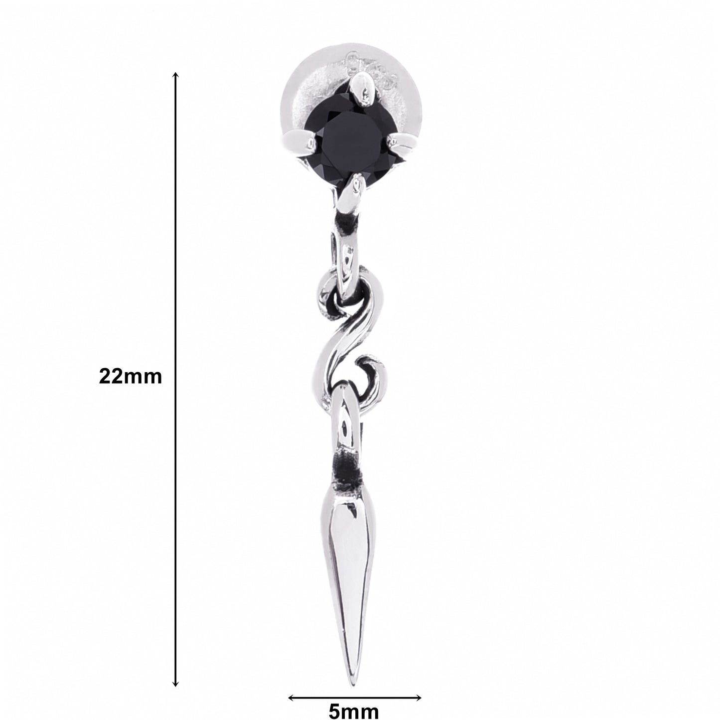 メンズ ピアス シルバー 925 ドロップ 揺れる シンプル ダガー スタッド ブラック (黒) 3mm ジルコニア 片耳用、ディテールイメージ
